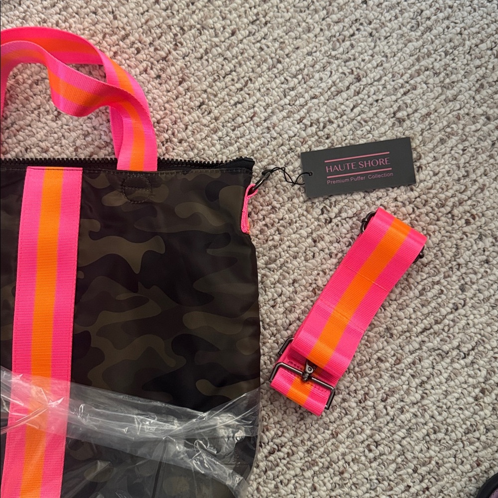 NWT HAUTE SHORE women's logan showoff bag in green camo/pink/orange stripes - Picture 2 of 10